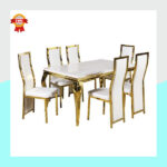 Ensemble de salle à manger luxueux 6 places avec table effet marbre blanc et détails dorés